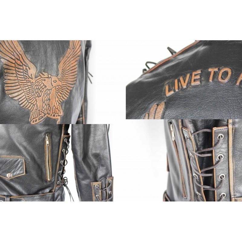 Zerimar Shoes Chaqueta De Cuero Motera Con Aguila Y Cuerdas