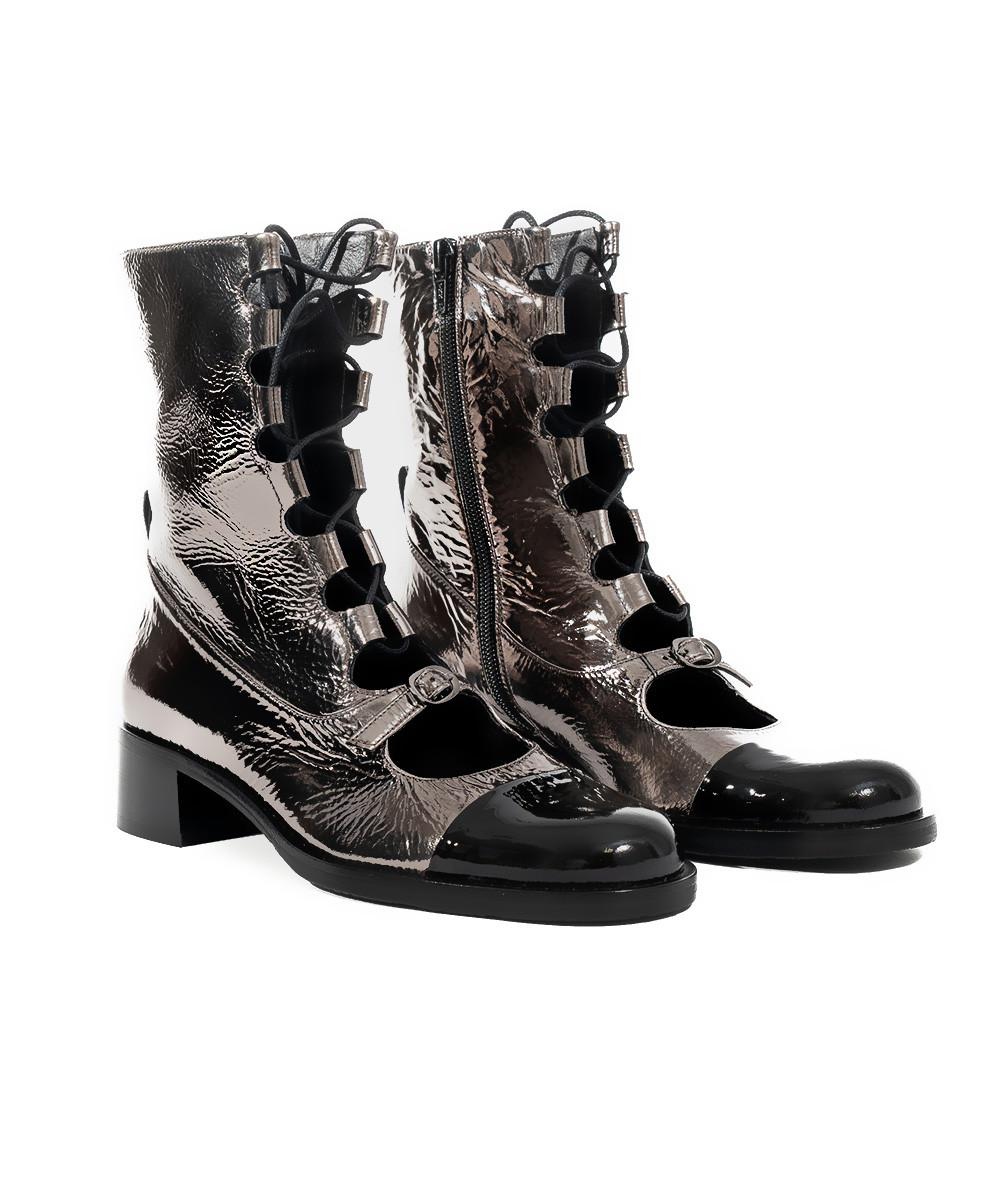 Zinda Botín De Piel Metalizada Gris Y Negra Con Cordones Y Cremallera