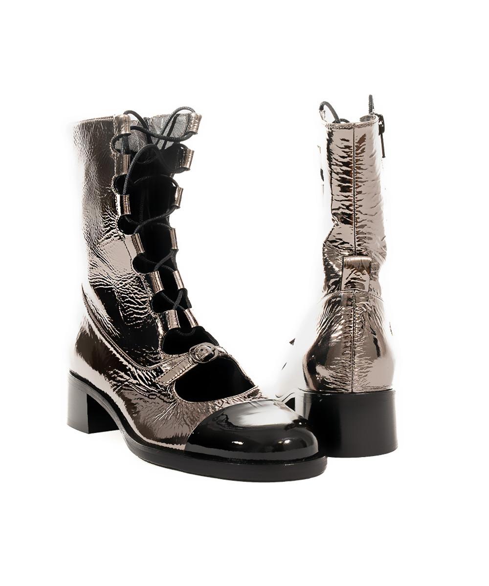 Zinda Botín De Piel Metalizada Gris Y Negra Con Cordones Y Cremallera