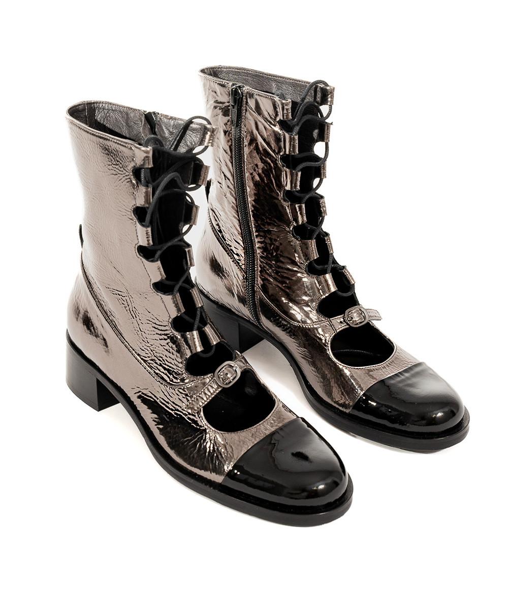 Zinda Botín De Piel Metalizada Gris Y Negra Con Cordones Y Cremallera