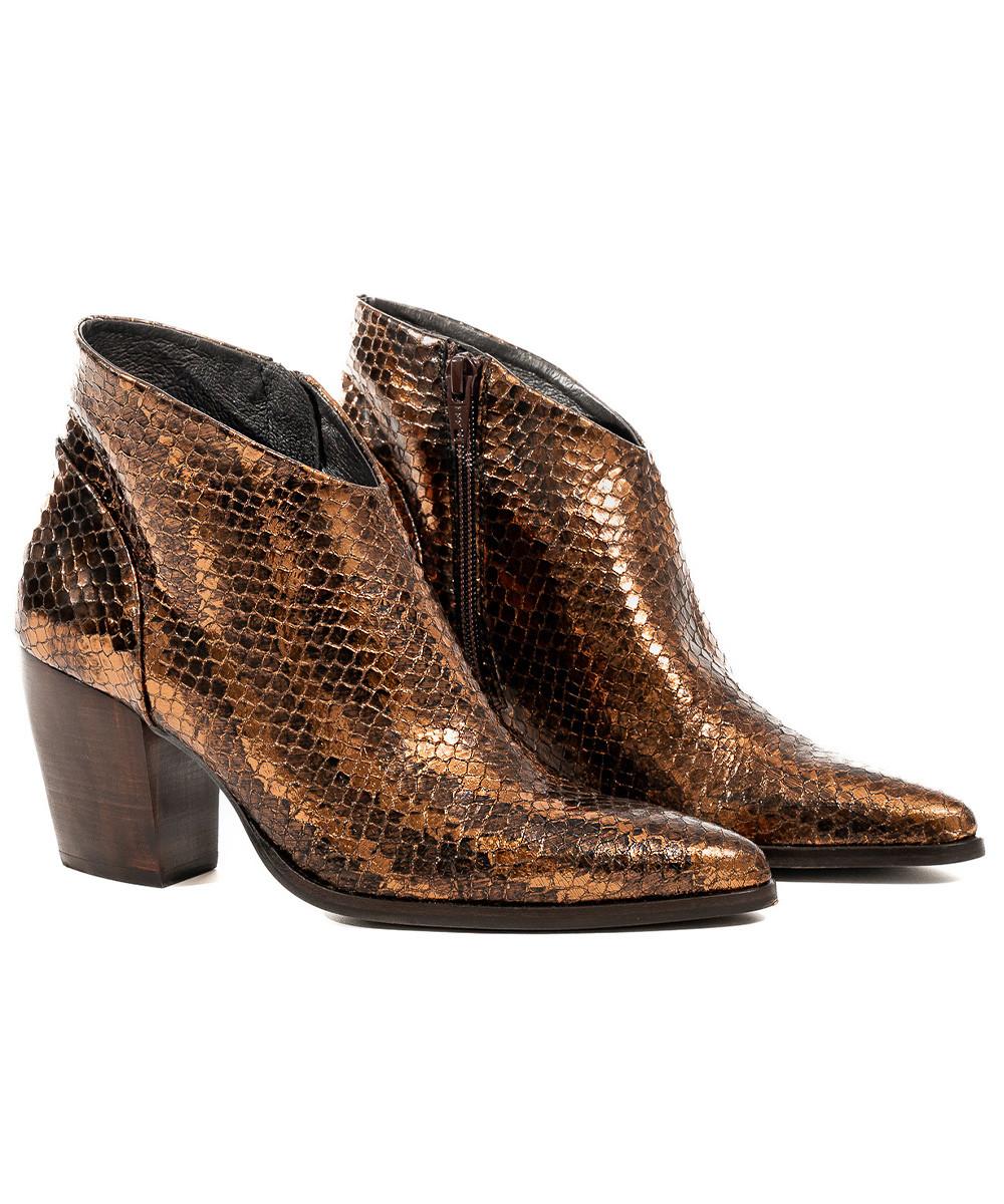 Zinda Botín De Piel Grabada Bronce Con Cremallera