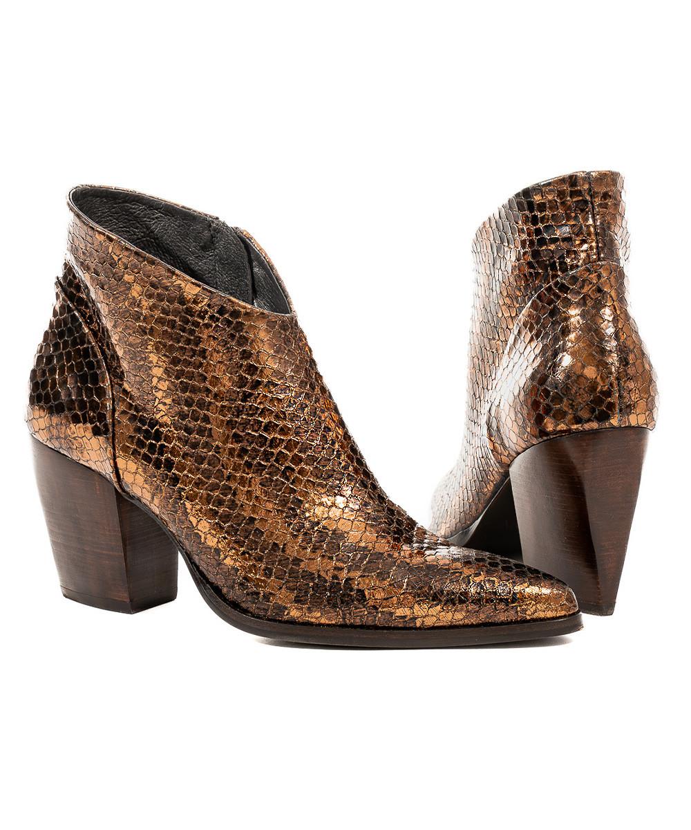 Zinda Botín De Piel Grabada Bronce Con Cremallera