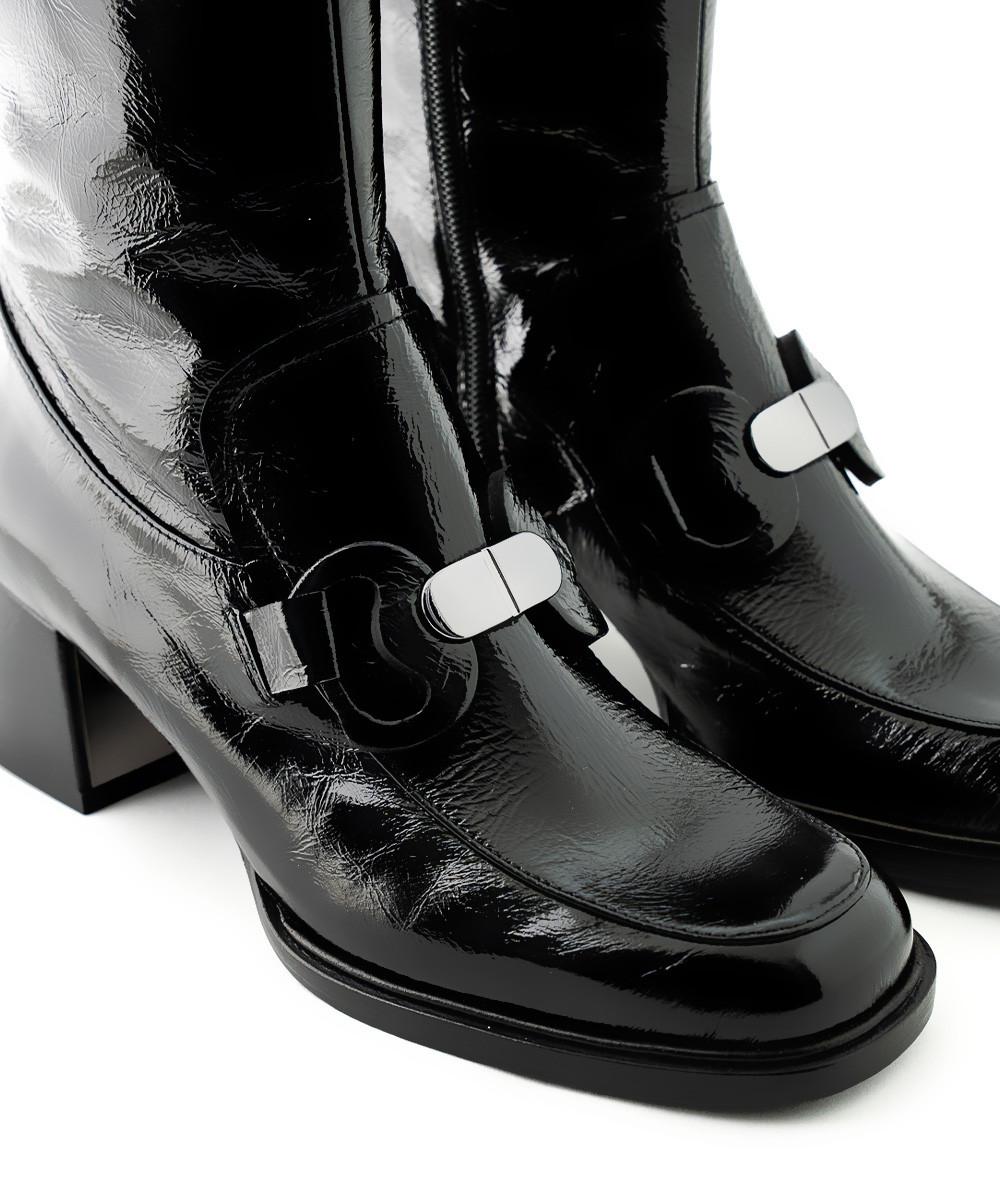 Zinda Botín De Piel Negra Con Hebilla Y Cremallera