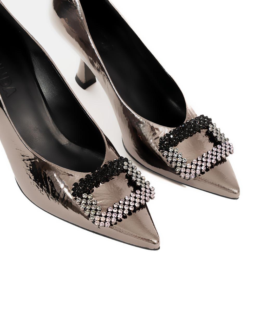 Zinda Salón De Piel Gris Metalizada Con Hebilla