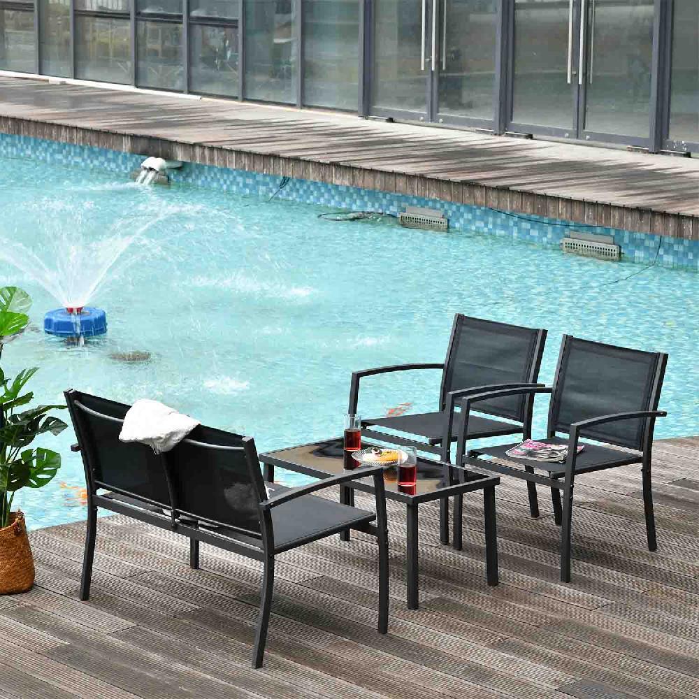 Adelaide - Salón De Jardín De Diseño Con Sofá + 2 Sillones + Mesa De Centro Con Estante De Cristal En Metal Y Textileno. Negro