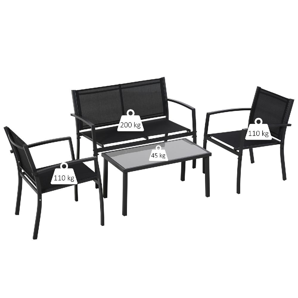 Adelaide - Salón De Jardín De Diseño Con Sofá + 2 Sillones + Mesa De Centro Con Estante De Cristal En Metal Y Textileno. Negro