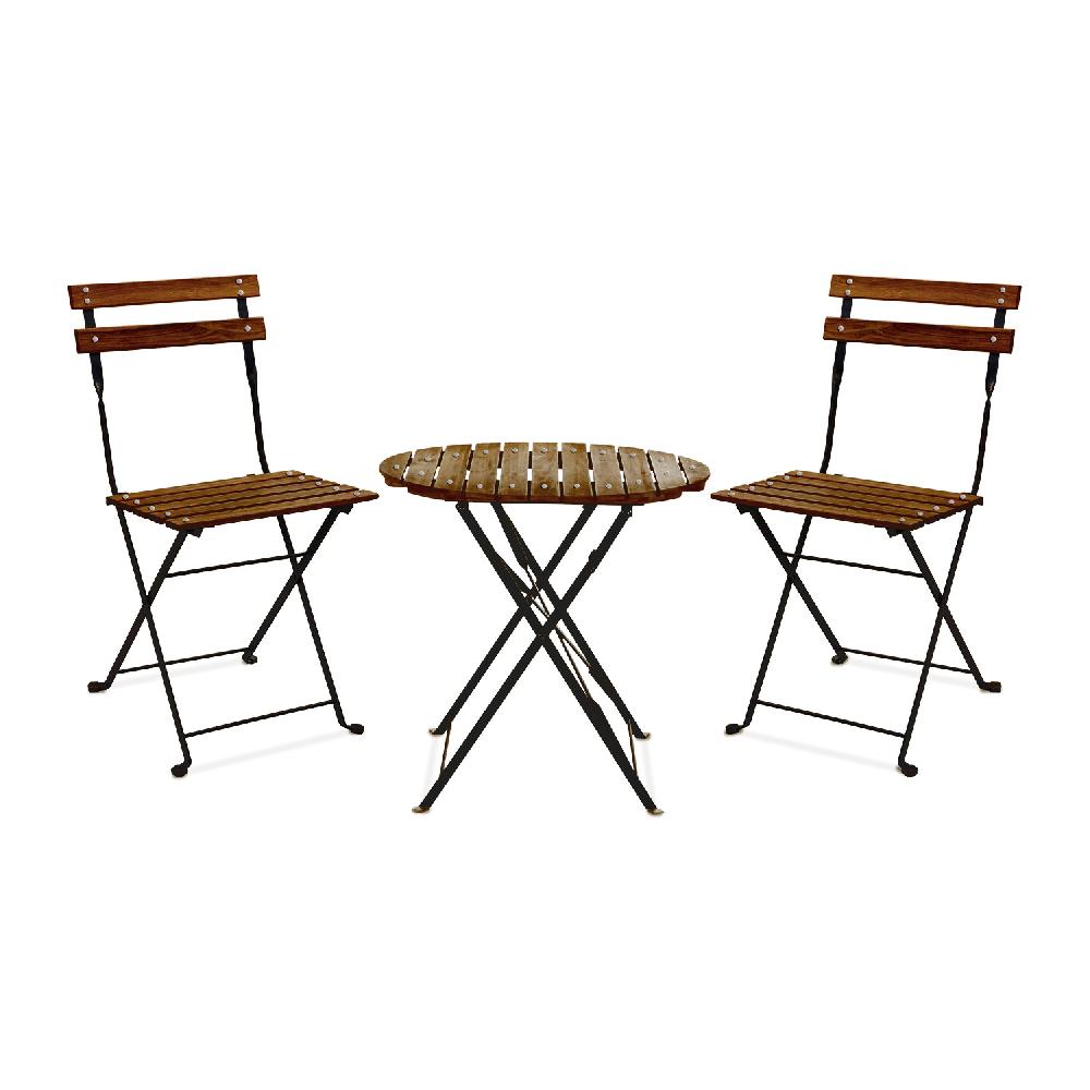 Avolio Bistro - Juego de jardín con mesa pequeña y 2 sillas plegables de acero y madera con acabado efecto teca