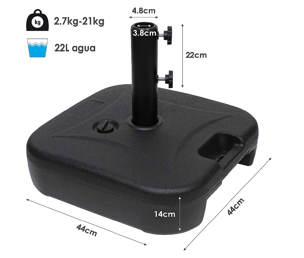 Base Sombrilla Plástico Rellenable De Agua 22L Estable Apto Poste 38mm Pie Sombrilla Jardin Terraza Patio Playa Cuadrado