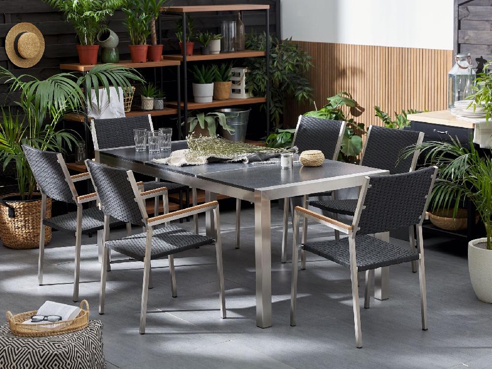 Beliani Conjunto De Comedor 6 Plazas De Metal/granito Gris/negro/plateado GROSSETO