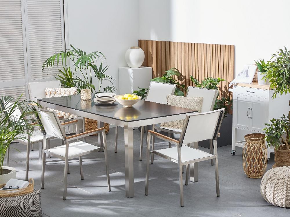 Beliani Conjunto De Jardín Mesa En Vidrio Negro 180 Cm 6 Sillas Blancas GROSSETO