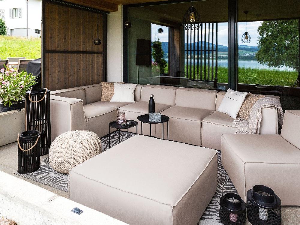 Beliani Sofá Esquinero De Jardín Con Otomana 7 Plazas AREZZO Derecha Beige