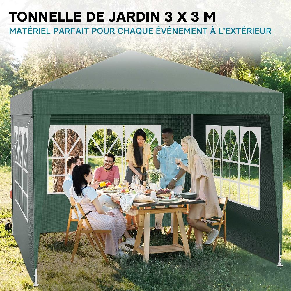 Carpa De Jardín Con Elementos Laterales Desmontables 3x3m Verde Con Ventanas Cenador Para Exterior