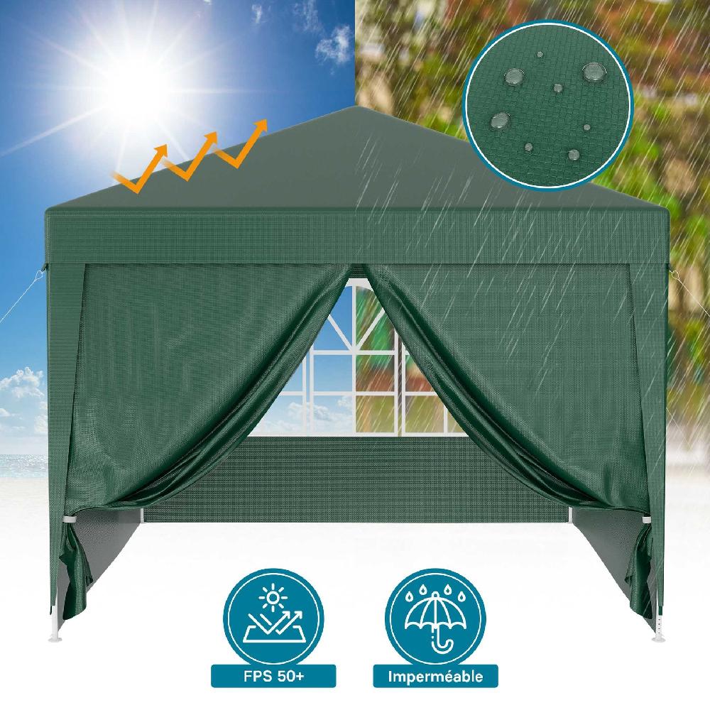 Carpa De Jardín Con Elementos Laterales Desmontables 3x3m Verde Con Ventanas Cenador Para Exterior