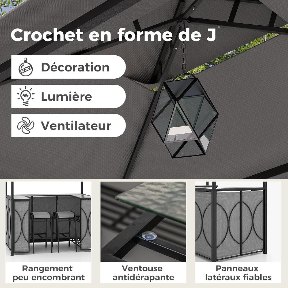 Cenador Para Barbacoa Doble Techo Con Cristal Templado Mesa De Bar 2 Taburetes Soportes De Cristal 2 Estantes Toldo Para Barbacoa