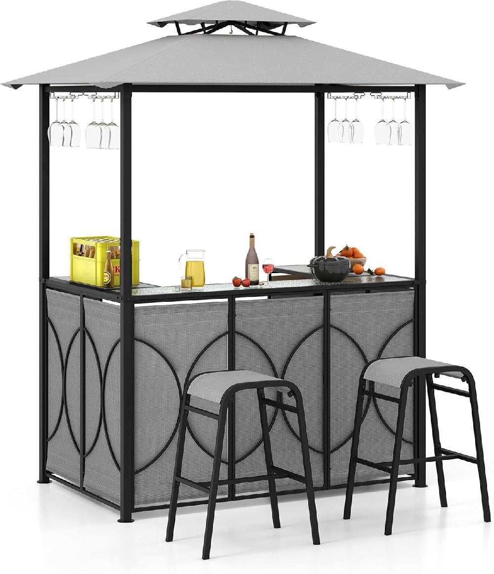 Cenador para barbacoa doble techo con cristal templado mesa de bar 2 taburetes soportes de cristal 2 estantes toldo para barbacoa