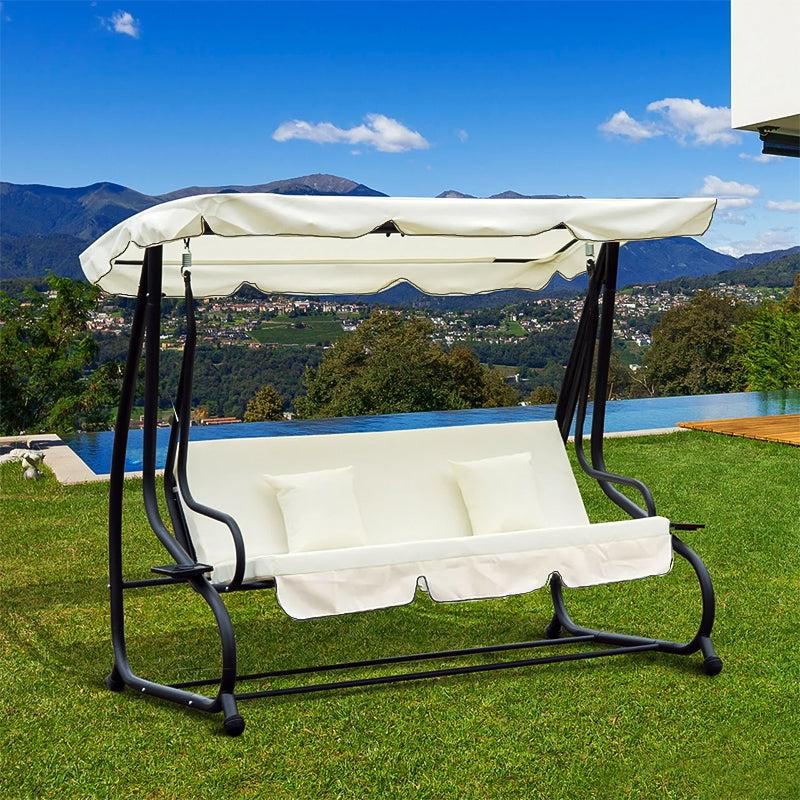 Columpio De Jardín De 3 Plazas "Quadro" De Acero Para Terraza Exterior Con Sombrilla Y Cojines