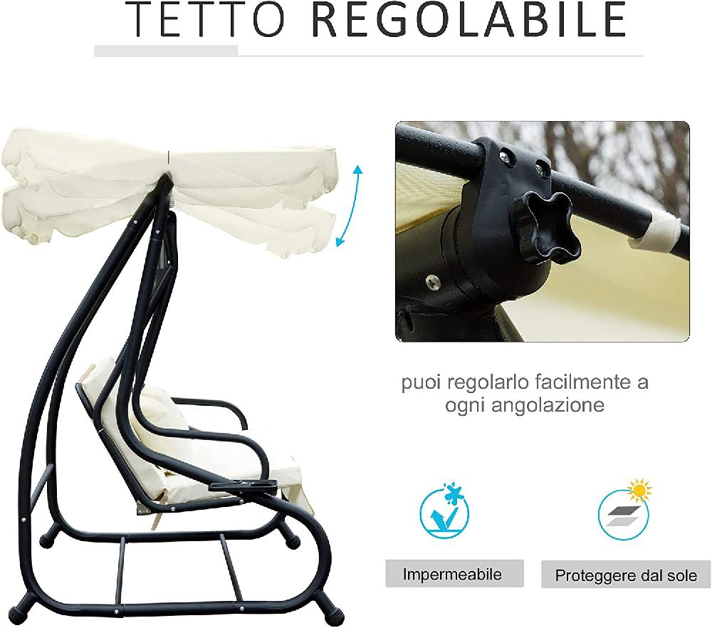 Columpio De Jardín De 3 Plazas "Quadro" De Acero Para Terraza Exterior Con Sombrilla Y Cojines