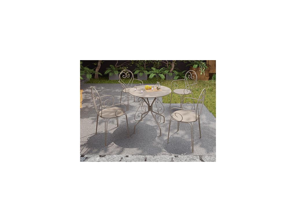 Comedor de jardín de metal tipo hierro forjado: una mesa y 4 sillones apilables - Beige - GUERMANTES