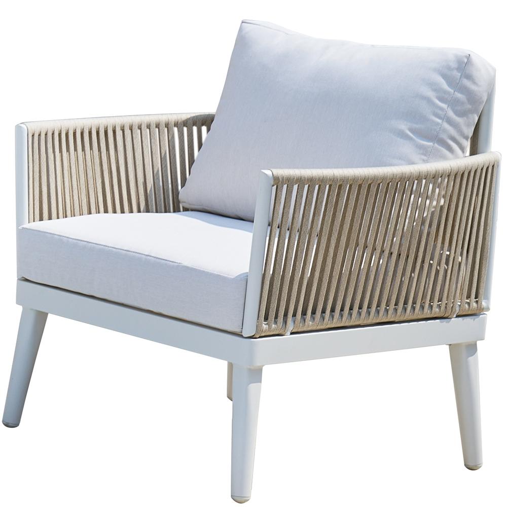 Conjunto CALPE 4 Piezas En Aluminio Blanco Con Respaldo Y Asiento En Tejido Blanco. Con Cuerdas