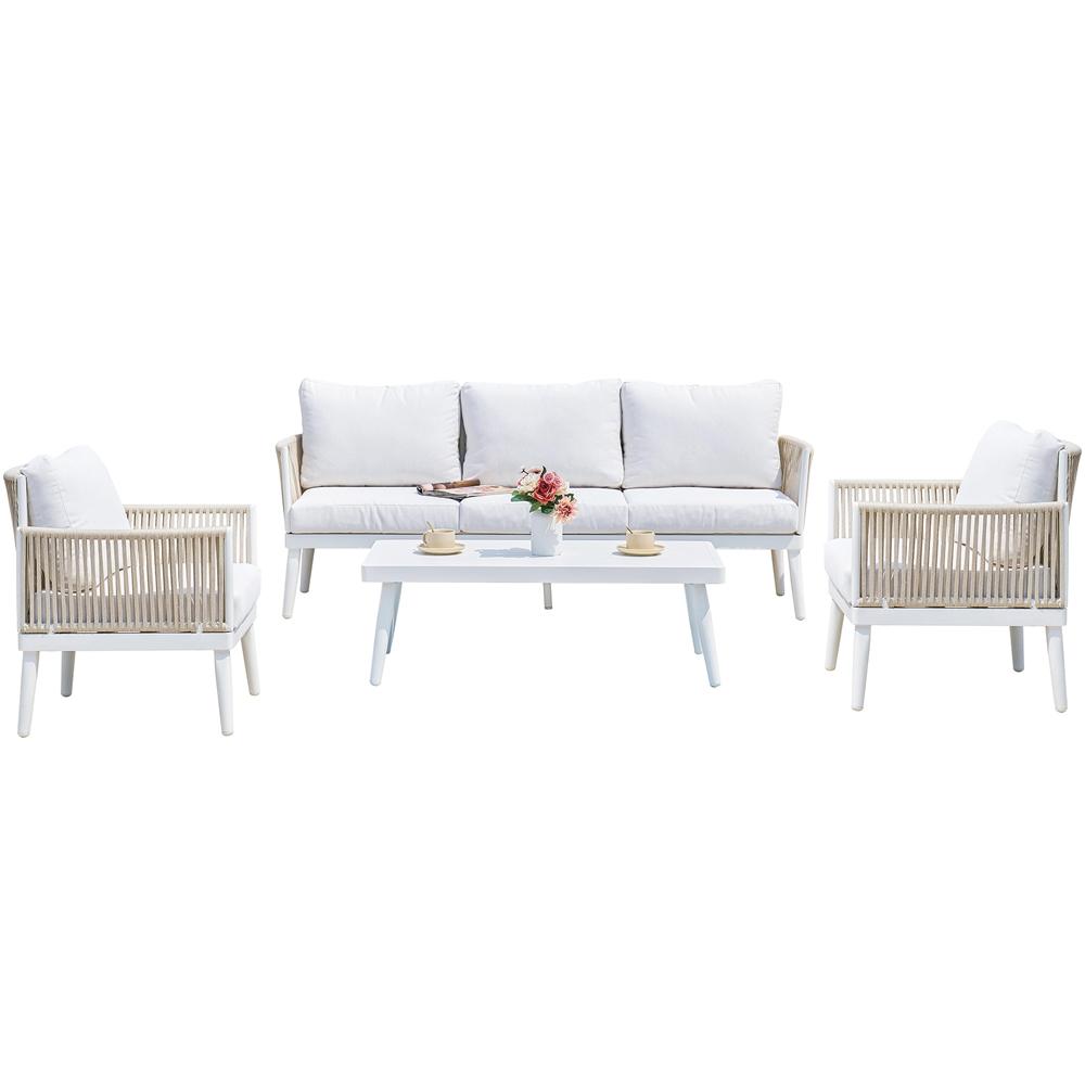 Conjunto CALPE 4 piezas en aluminio blanco con respaldo y asiento en tejido blanco. Con cuerdas