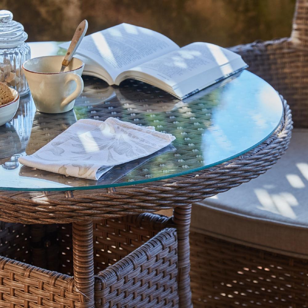 Conjunto Comedor / Balcón Mesa Redonda Jardín 70 Cm Y 2 Sillas Ratán Sintético Y Aluminio – Bolonia