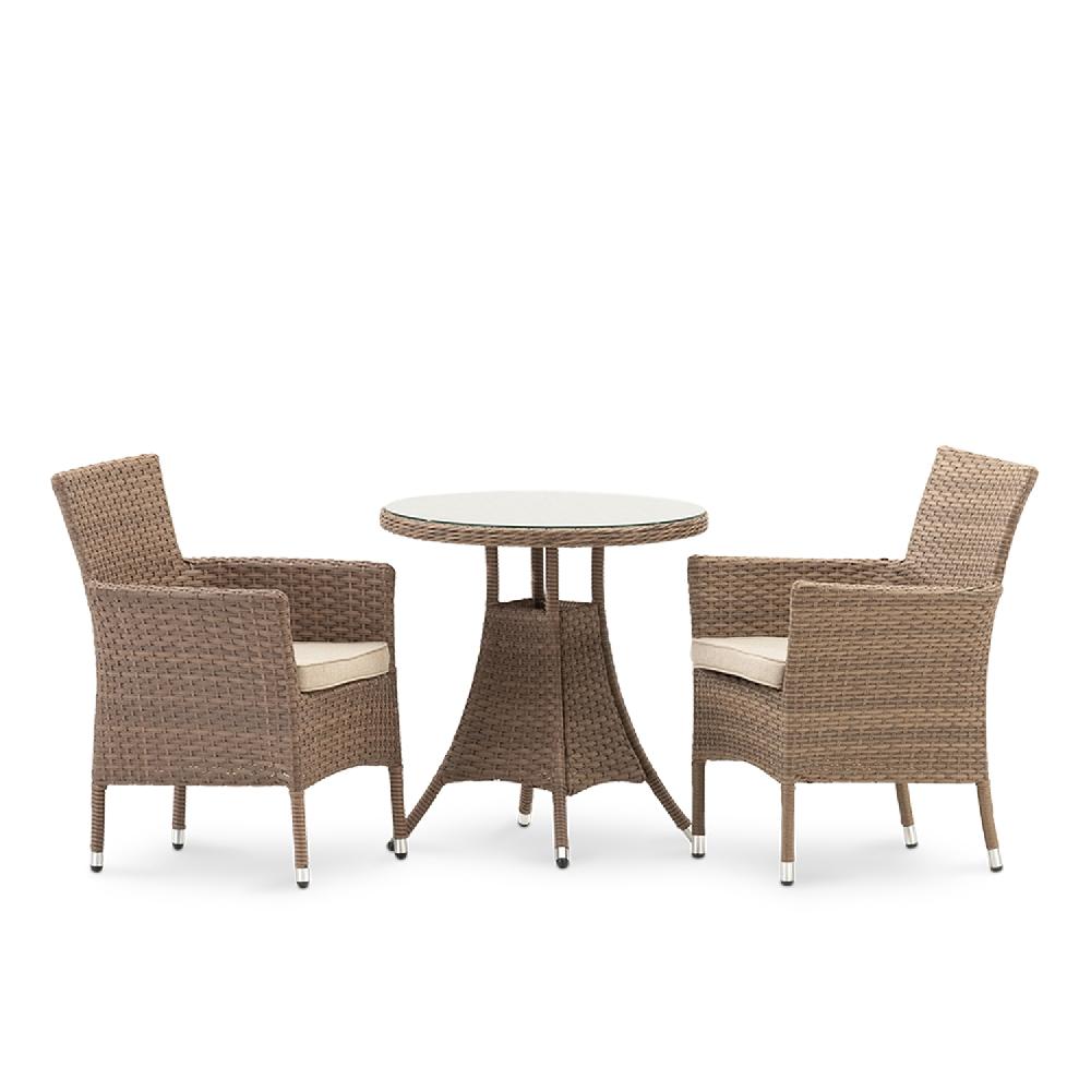 Conjunto comedor / balcón mesa redonda jardín 70 cm y 2 sillas ratán sintético y aluminio – Bolonia
