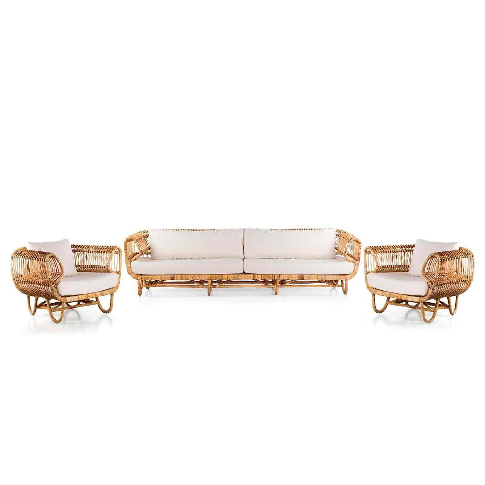 Conjunto de 2 sillones con sofá de 3 plazas en ratán natural - Miles