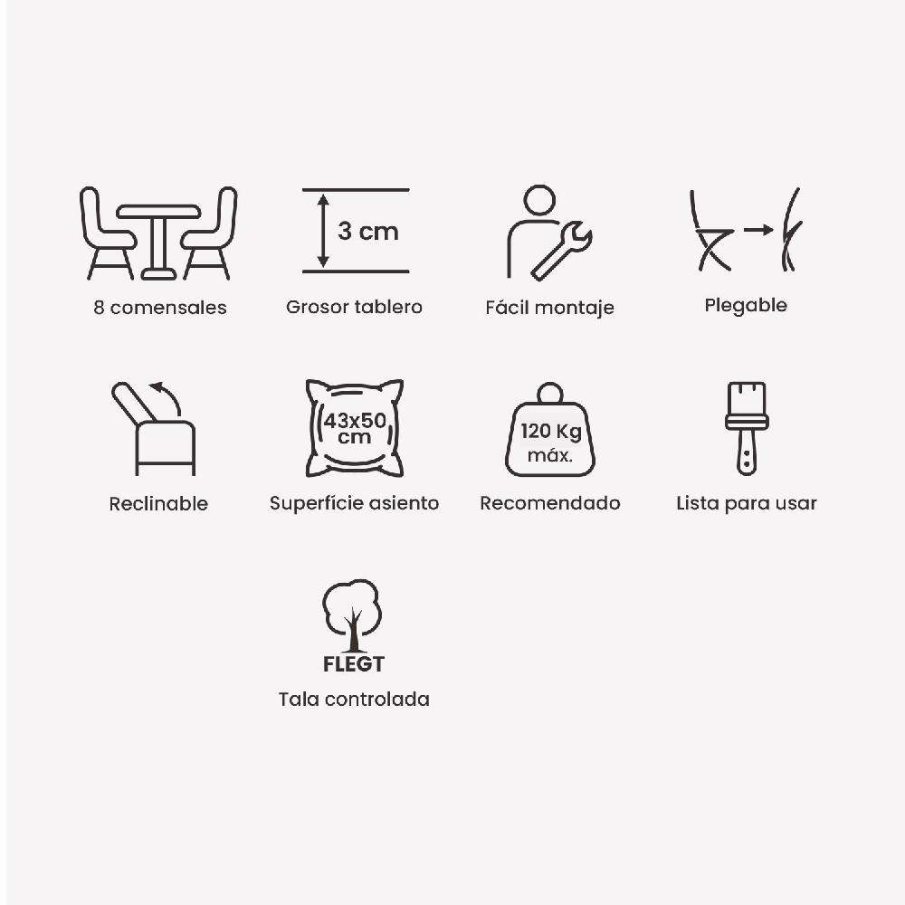 Conjunto De 8 Sillones Reclinables Y Mesa De Madera De Teca De 240 Cm