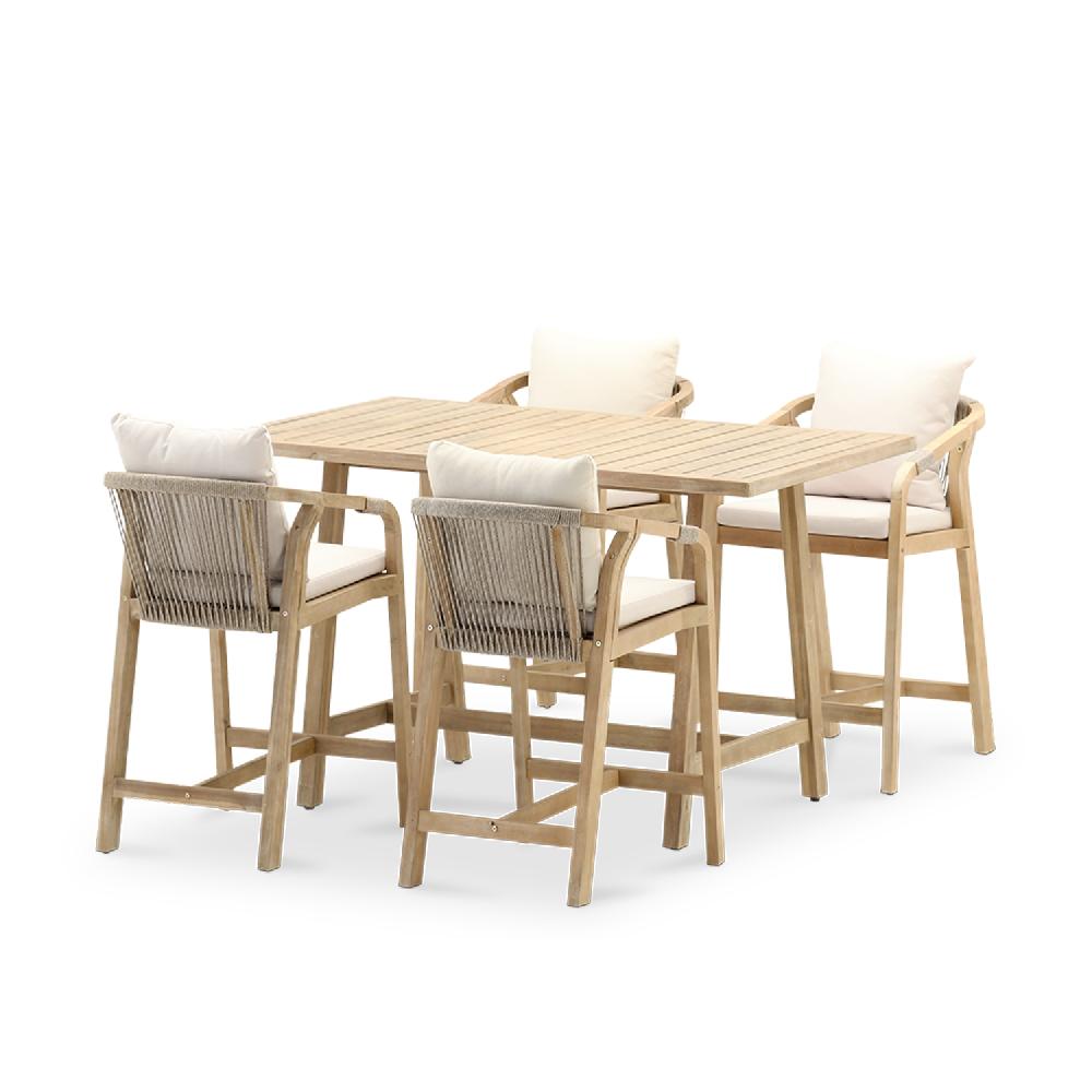 Conjunto De Bar Mesa Alta 4 Taburetes De Jardín De Acacia Y Cuerda - Siena