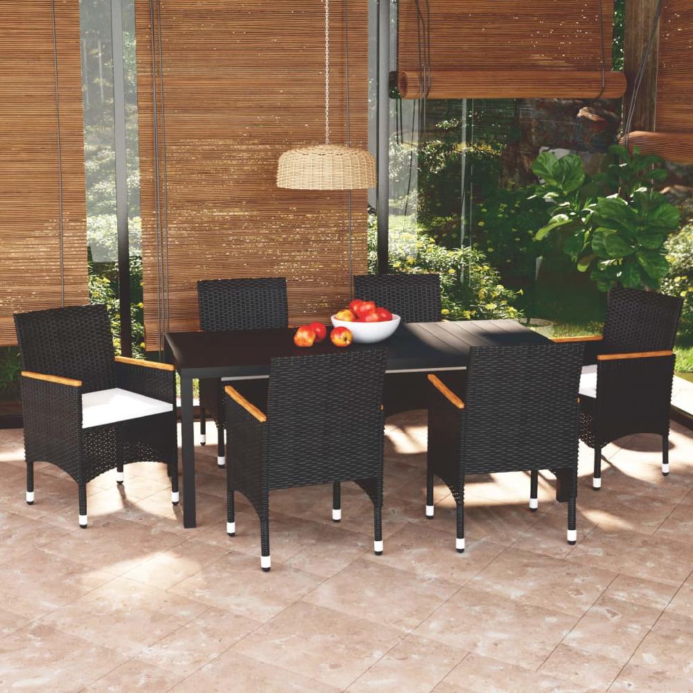 Conjunto de comedor de jardín de 7 piezas con cojines de ratán sintético negro vidaXL