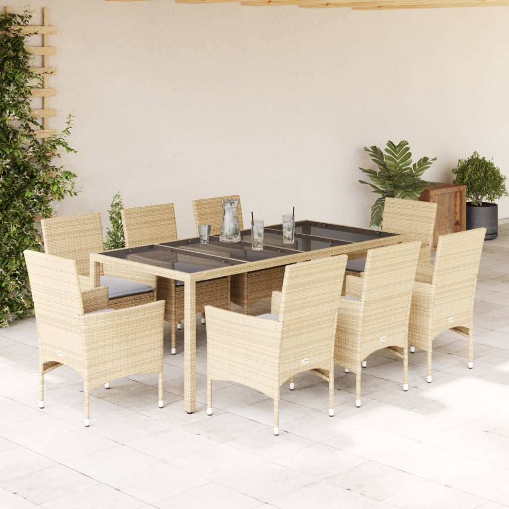 Conjunto de comedor de jardín y cojines 9 piezas ratán cristal beige