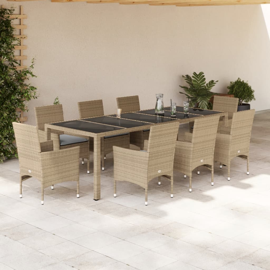 Conjunto de comedor de jardín y cojines 9 piezas ratán cristal beige