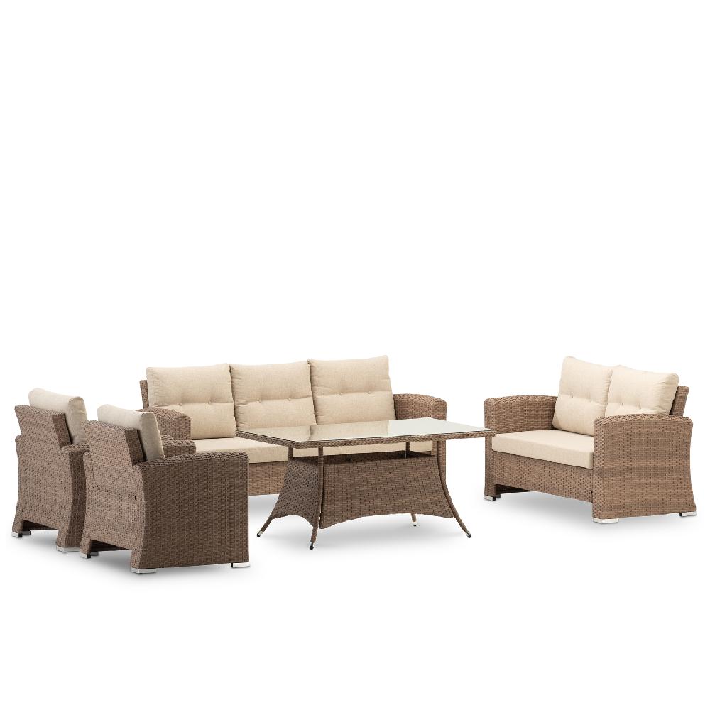 Conjunto de jardín 1 sofá de 3 plazas + 1 sofá de 2 plazas + 2 sillones + 1 mesa alta 140x80x68cm ratán sintético y aluminio - Bolonia