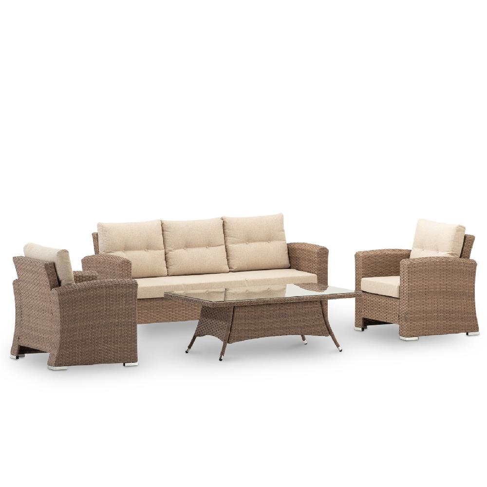 Conjunto de jardín 1 sofá de 3 plazas + 2 sillones + 1 mesa baja 140x80x46cm ratán sintético y aluminio - Bolonia