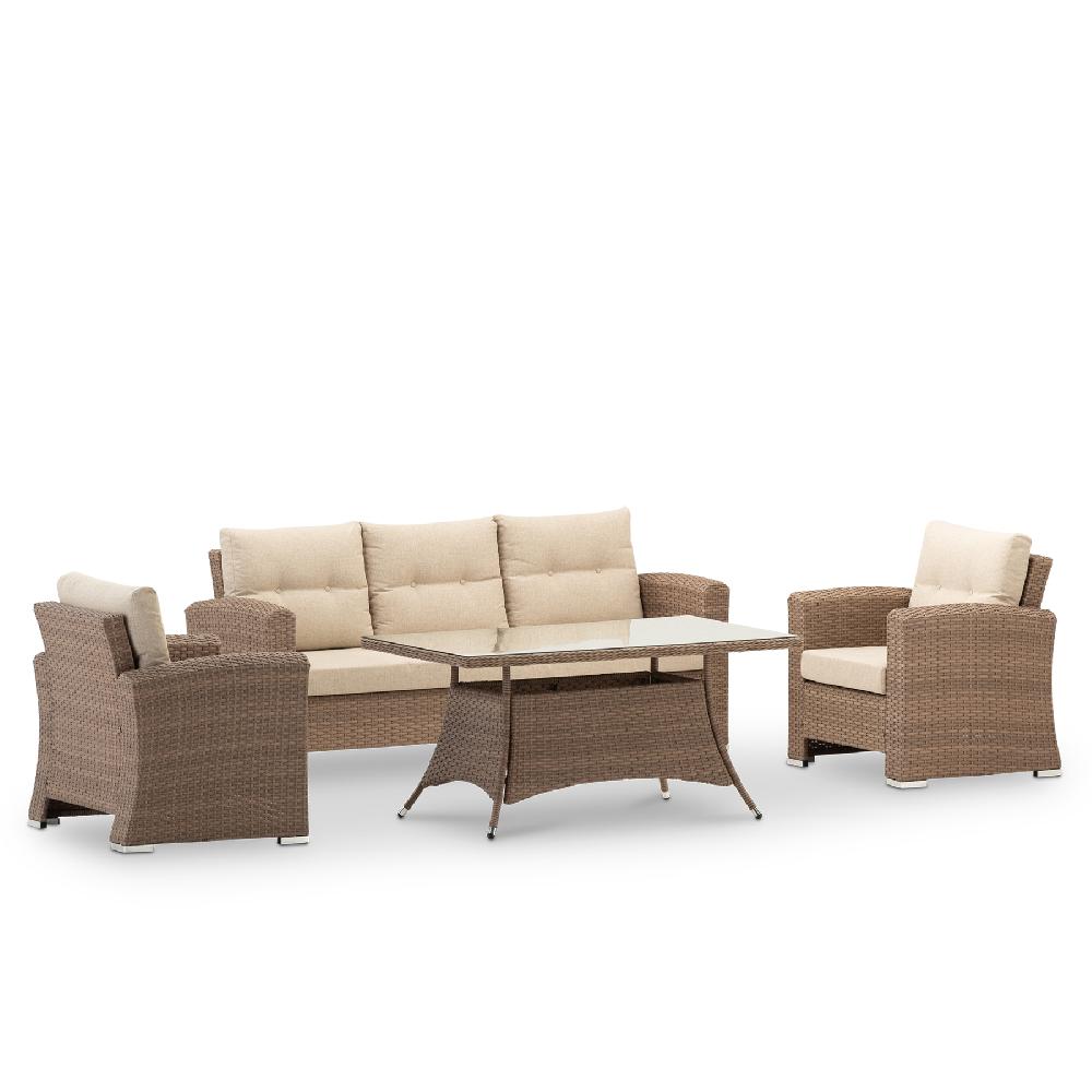 Conjunto de jardín 1 sofá de 3 plazas + 2 sillones + 1 mesa alta 140x80x68cm ratán sintético y aluminio - Bolonia