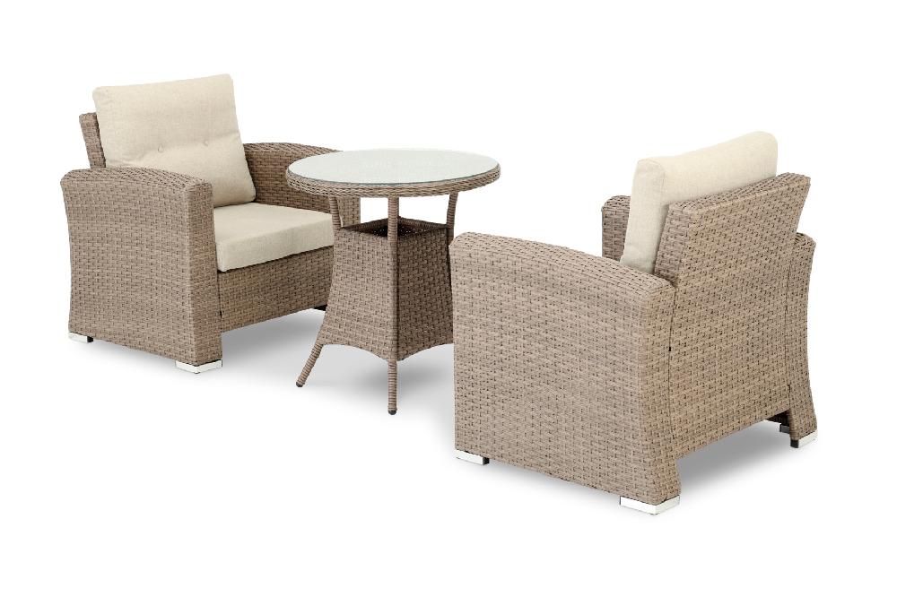 Conjunto de jardín 2 sillones + 1 mesa alta redonda 70cm ratán sintético y aluminio - Bolonia