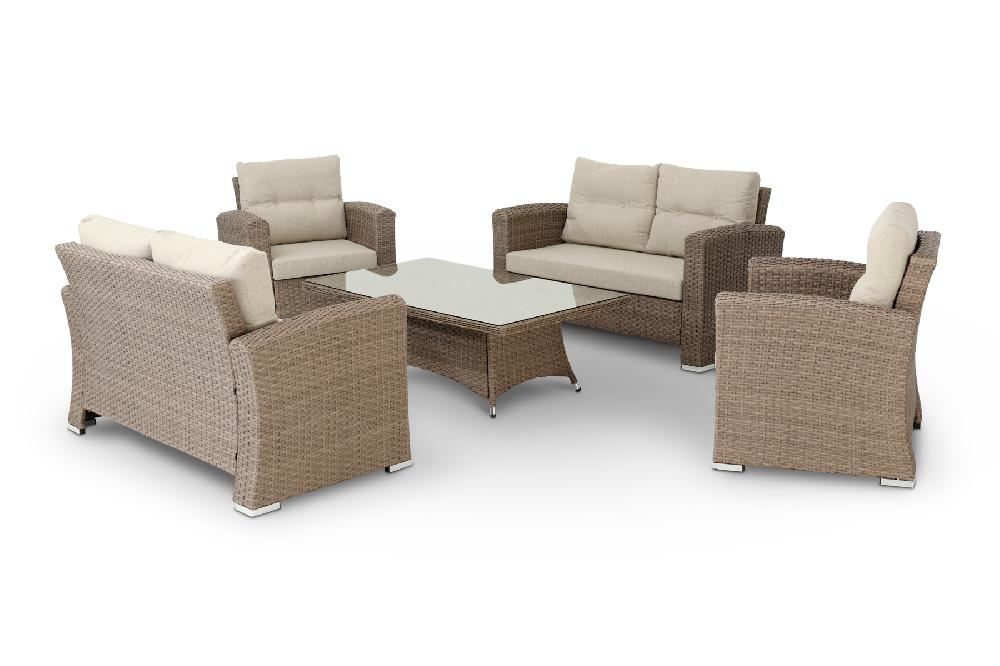 Conjunto de jardín 2 sofás de 2 plazas + 2 butacas + 1 mesa baja 140x80x46cm ratán sintético y aluminio - Bolonia