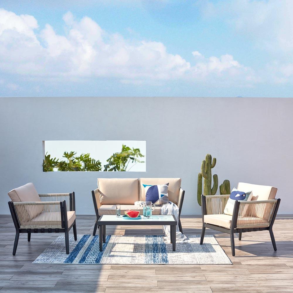 Conjunto de jardín 4 plazas de aluminio y cuerda crudo/negro ANAHMA