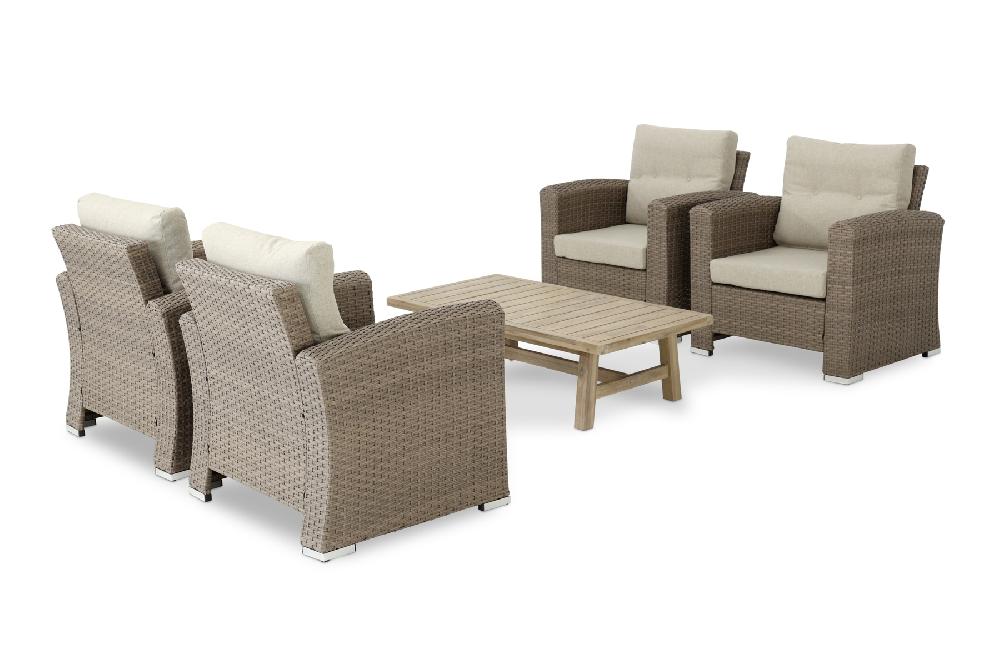 Conjunto de jardín 4 sillones ratán sintético y aluminio + 1 mesa baja madera Siena - Bolonia&Siena