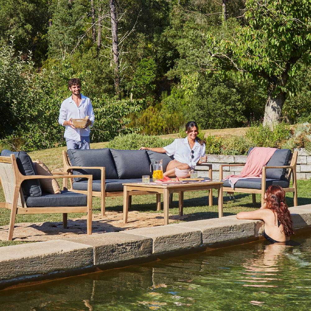 Conjunto De Jardín 5 Plazas Madera Clara Y Cuerda - Borgoña