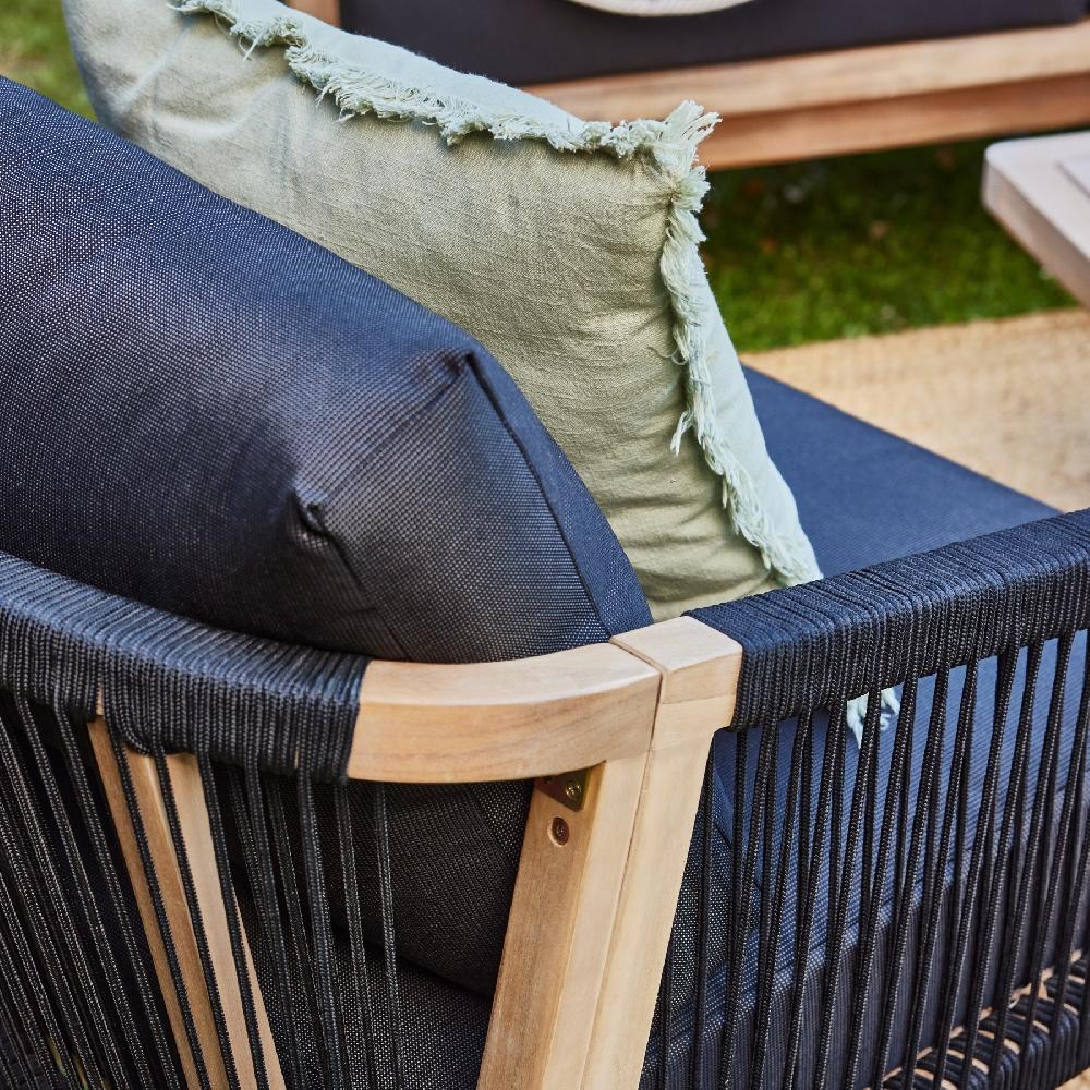 Conjunto De Jardín 7 Plazas Acacia Color Claro Y Cuerda Y Cojines Negro - Zanzíbar