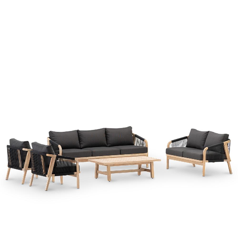 Conjunto de jardín 7 plazas acacia color claro y cuerda y cojines negro - Zanzíbar