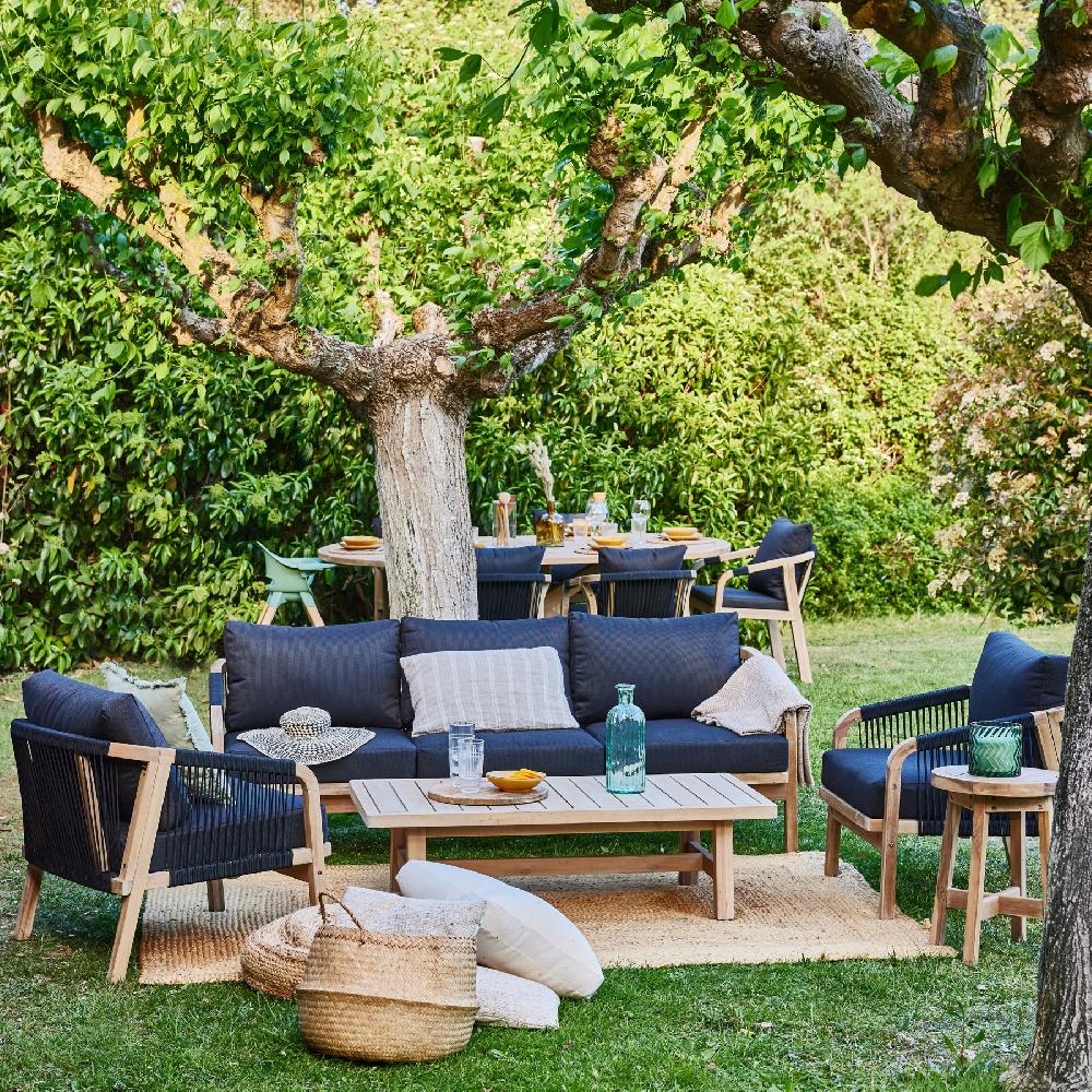 Conjunto De Jardín 8 Plazas Acacia Color Claro Y Cuerda Y Cojines Negro - Zanzíbar