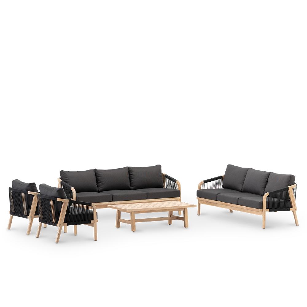 Conjunto de jardín 8 plazas acacia color claro y cuerda y cojines negro - Zanzíbar