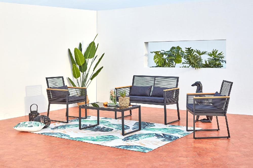 Conjunto de jardín bajo 5 plazas negro y madera MIHATA