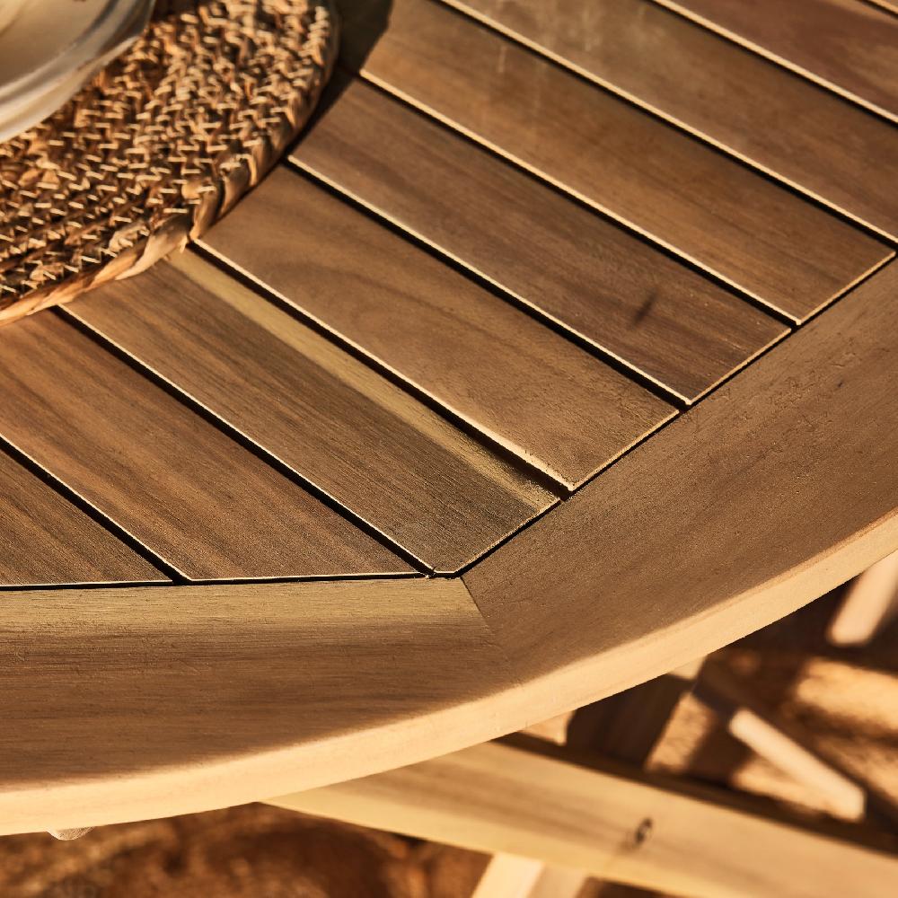 Conjunto De Jardín Comedor Mesa Plegable Redonda 90cm + 4 Sillas Madera Y Ratán Enea Sintético Con Brazos - Java Light