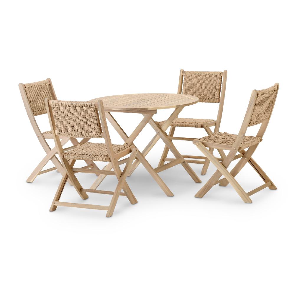 Conjunto de jardín comedor mesa plegable redonda 90cm + 4 sillas sin brazos ratán enea sintético - Java Light