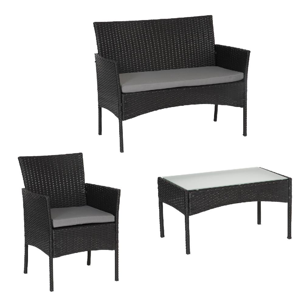 Conjunto De Jardín CORDOBA En Resina Trenzada Negra 4 Plazas Cojines Grises