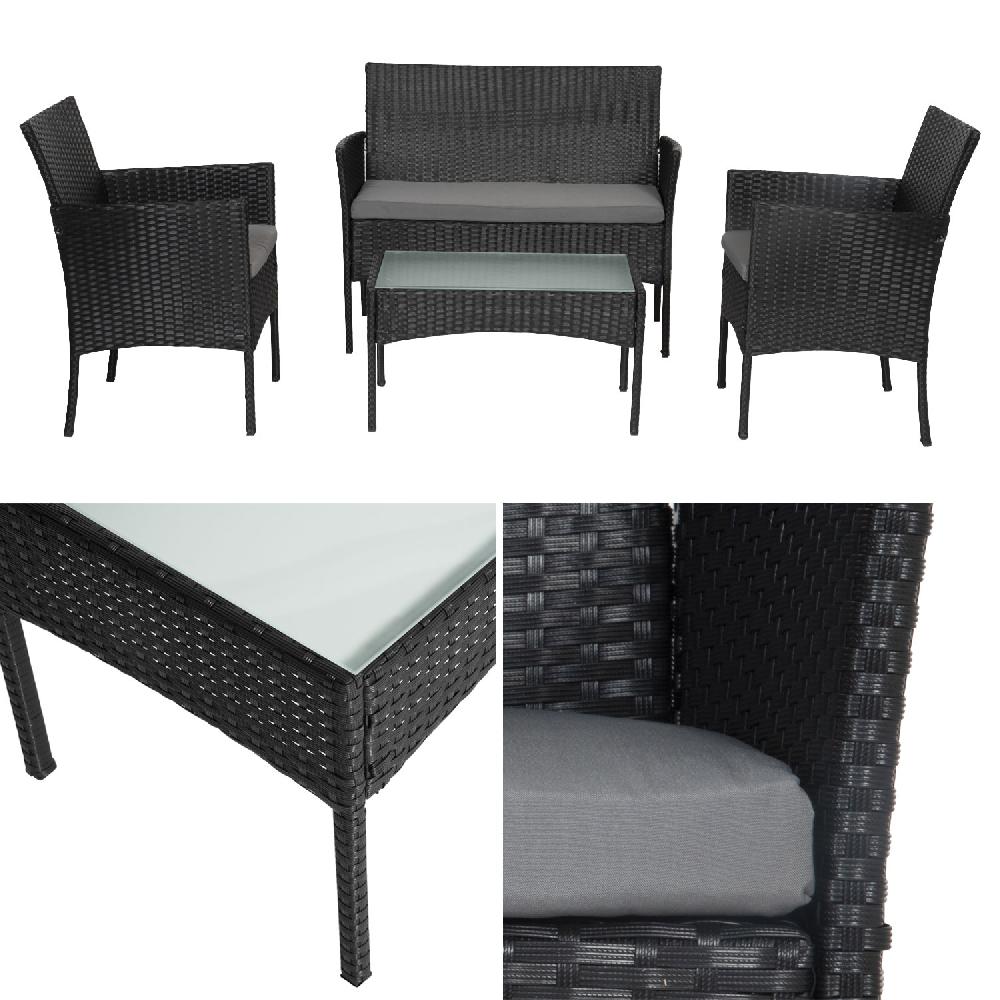 Conjunto De Jardín CORDOBA En Resina Trenzada Negra 4 Plazas Cojines Grises