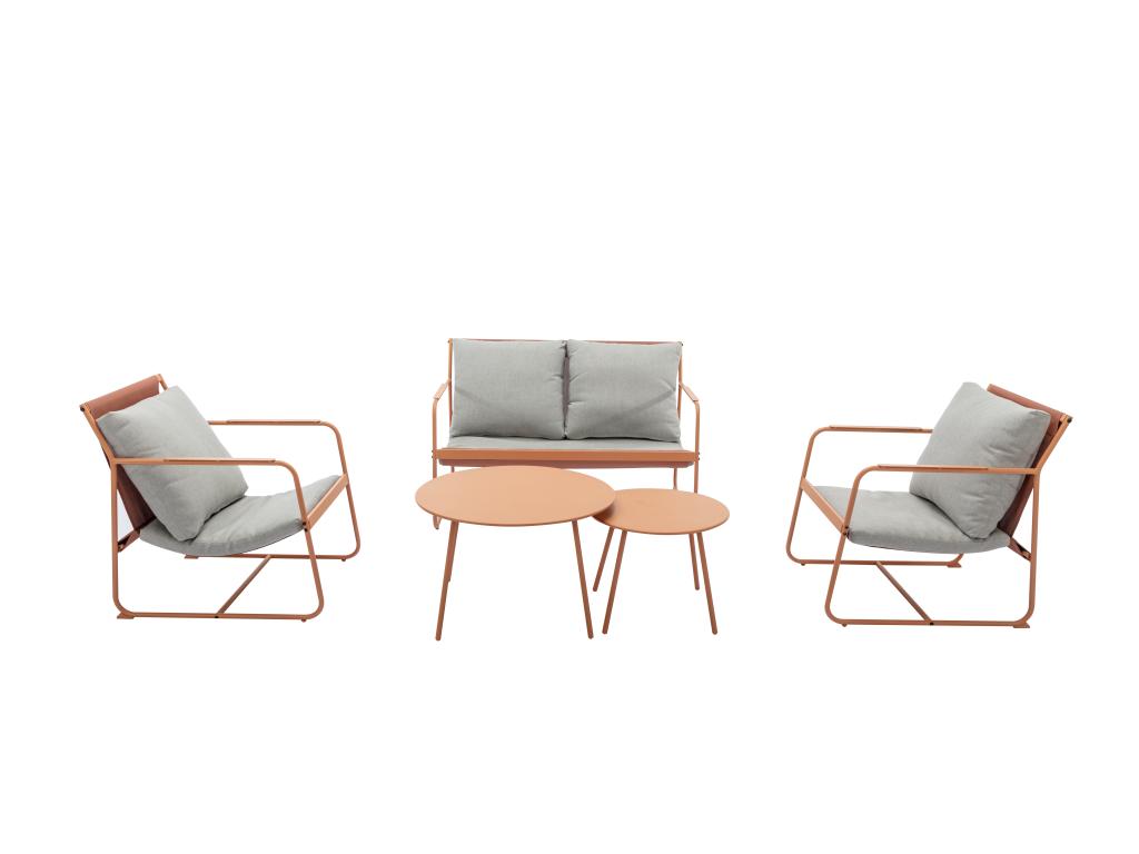 Conjunto De Jardín De Acero: 1 Sofá De 2 Plazas 2 Sillones Y 2 Mesas Bajas - Naranja Y Cojines Grises - LASIMO De MYLIA